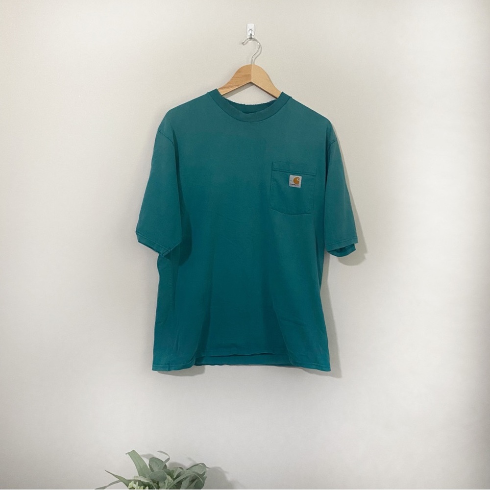 [Carhartt] Teal Blue Distressed Faded Short Sleeve Pocket T-shirt